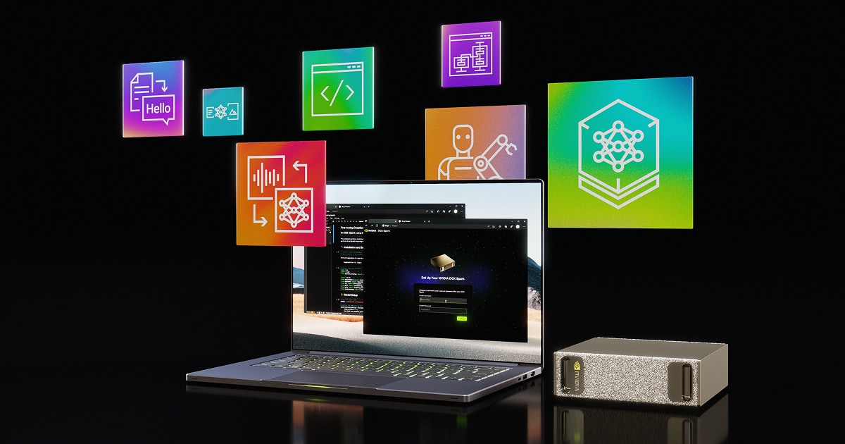NVIDIA DGX Spark,右侧的小盒子即主机本体,体积远小于笔记本电脑(图源:NVIDIA)